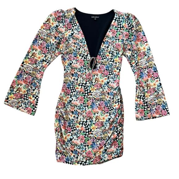 For Love & Lemons Womens June Bell Sleeve Black Checkerboard Mushroom Mini Dress - Picture 2 of 14